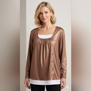 Bronze Peasant Long Sleeve With White Insert & Button Detail XL EUC